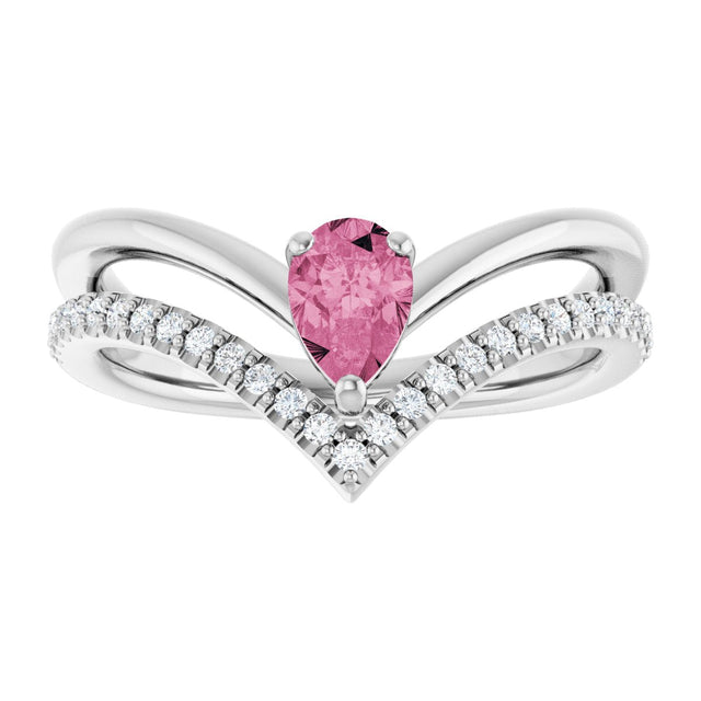 Platinum Pear Natural Pink Tourmaline & Natural Diamond Negative Space V Ring - view 3