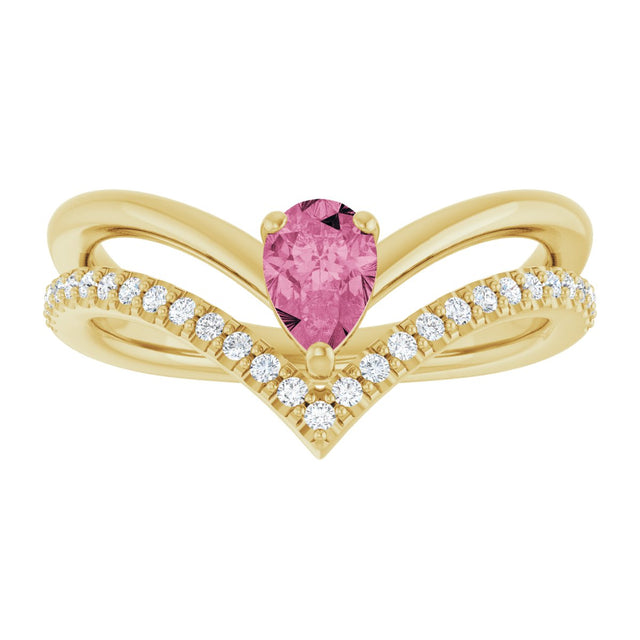 14K Gold Pear Natural Pink Tourmaline & Natural Diamond Negative Space V Ring - Yellow Gold - view 3