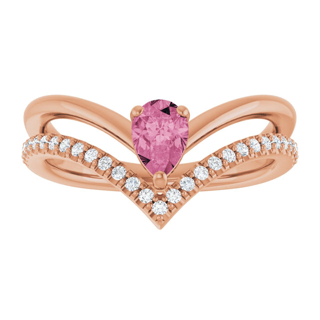 14K Gold Pear Natural Pink Tourmaline & Natural Diamond Negative Space V Ring - Rose Gold - view 3