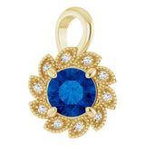 14K Gold Round Lab-Grown Blue Sapphire & Natural Diamond Halo-Style Pendant – 0.04 CTW - Yellow Gold