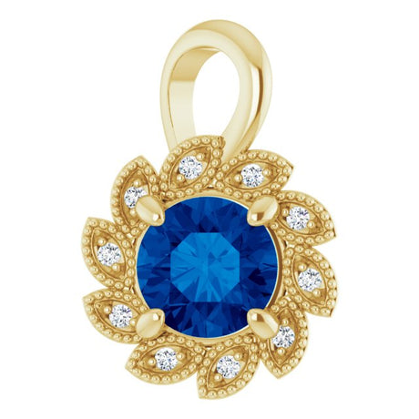 14K Gold Round Lab-Grown Blue Sapphire & Natural Diamond Halo-Style Pendant – 0.04 CTW - Yellow Gold