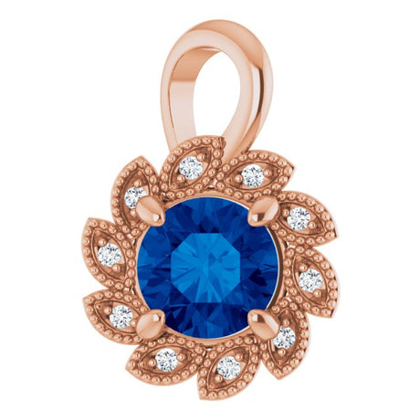 14K Gold Round Lab-Grown Blue Sapphire & Natural Diamond Halo-Style Pendant – 0.04 CTW - Rose Gold
