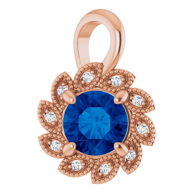 14K Gold Round Lab-Grown Blue Sapphire & Natural Diamond Halo-Style Pendant – 0.04 CTW - Rose Gold