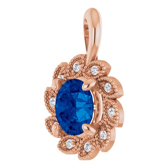 14K Gold Round Lab-Grown Blue Sapphire & Natural Diamond Halo-Style Pendant – 0.04 CTW - Rose Gold - view 2