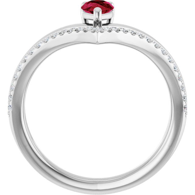 14K Gold Pear Natural Ruby & Natural Diamond Negative Space V Ring - White Gold - view 2