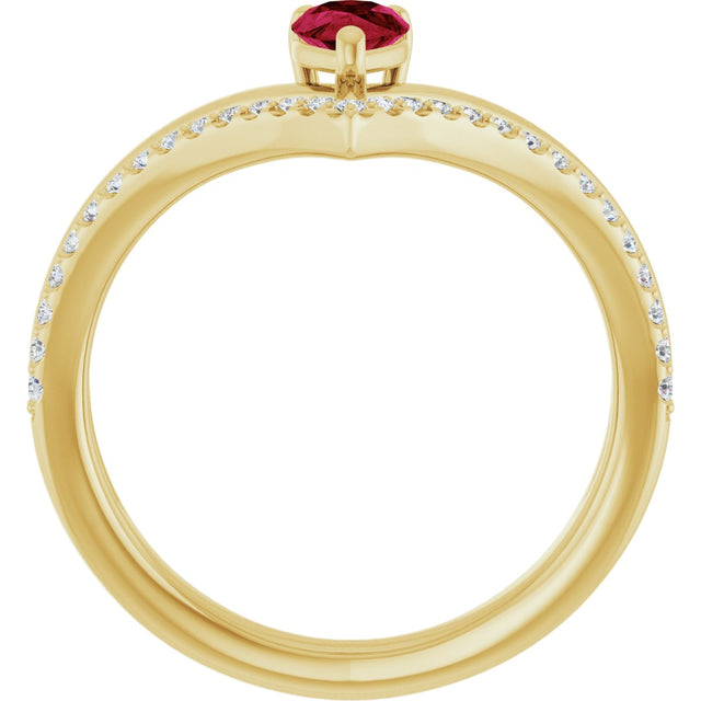14K Gold Pear Lab-Grown Ruby & Natural Diamond Negative Space V Ring - Yellow Gold - view 2