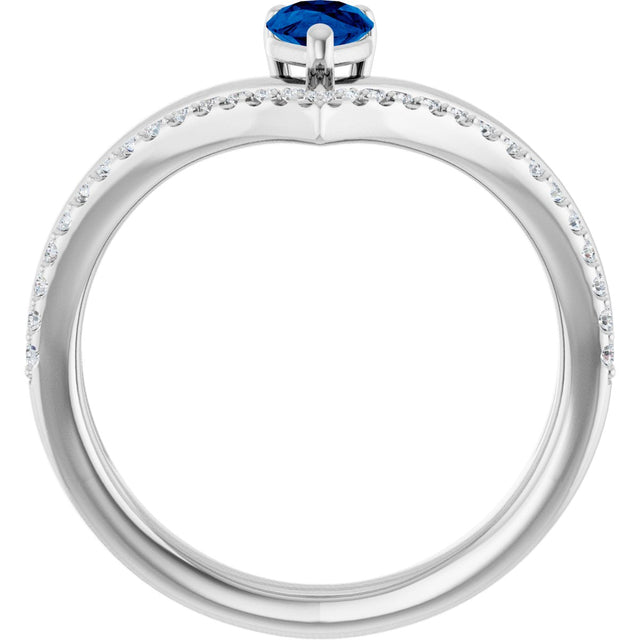 14K Gold Pear Natural Blue Sapphire & Natural Diamond Negative Space V Ring - White Gold - view 2