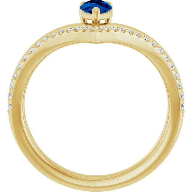 14K Gold Pear Lab-Grown Blue Sapphire & Natural Diamond Negative Space V Ring – 6x4mm - Yellow Gold - view 2