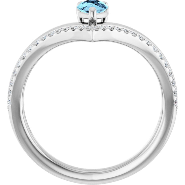 14K Gold Pear Natural Aquamarine & Natural Diamond Negative Space V Ring - White Gold - view 2