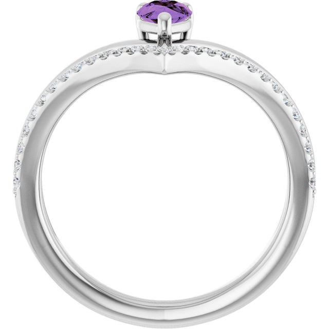 Platinum Pear Natural Amethyst & Natural Diamond Negative Space V Ring - view 2