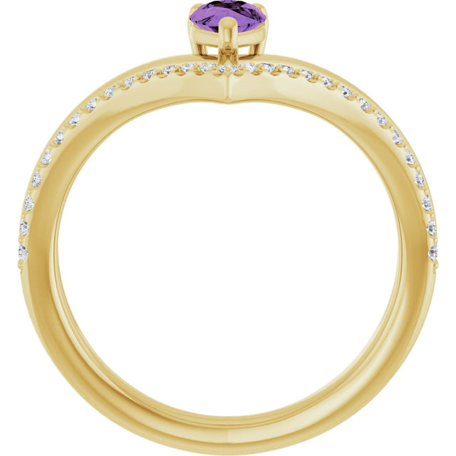 14K Gold Pear Natural Amethyst & Natural Diamond Negative Space V Ring - Yellow Gold - view 2