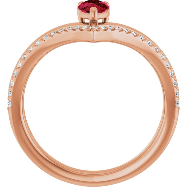 14K Gold Pear Lab-Grown Ruby & Natural Diamond Negative Space V Ring - Rose Gold - view 2