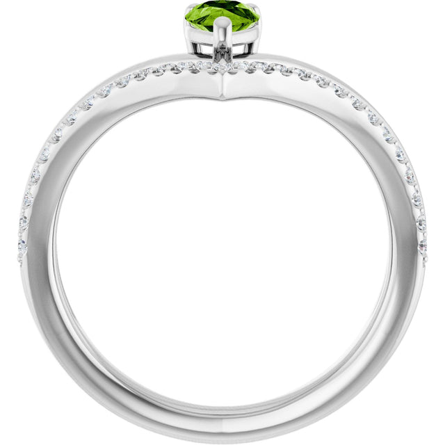 Platinum Pear Natural Peridot & Natural Diamond Negative Space V Ring - view 2