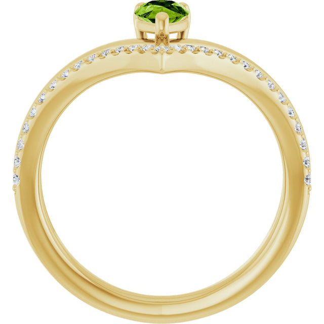 14K Gold Pear Natural Peridot & Natural Diamond Negative Space V Ring - Yellow Gold - view 2