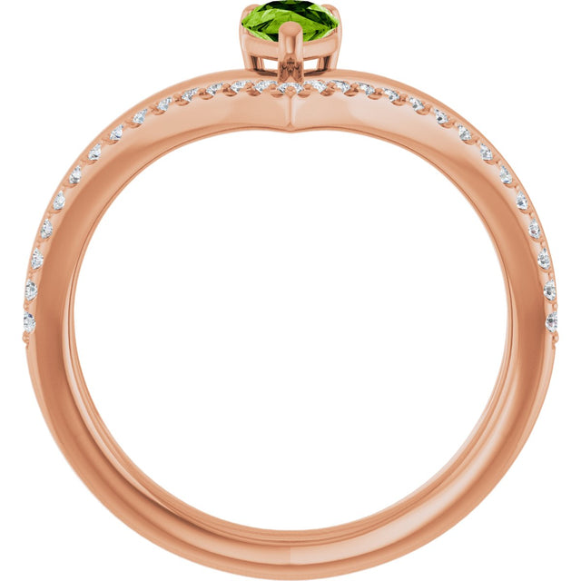 14K Gold Pear Natural Peridot & Natural Diamond Negative Space V Ring - Rose Gold - view 2