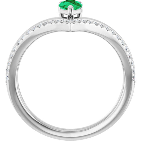 Platinum Pear Natural Emerald & Natural Diamond Negative Space V Ring - view 2