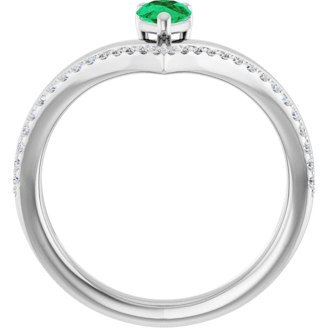 14K Gold Pear Lab-Grown Emerald & Natural Diamond Negative Space V Ring - White Gold - view 2