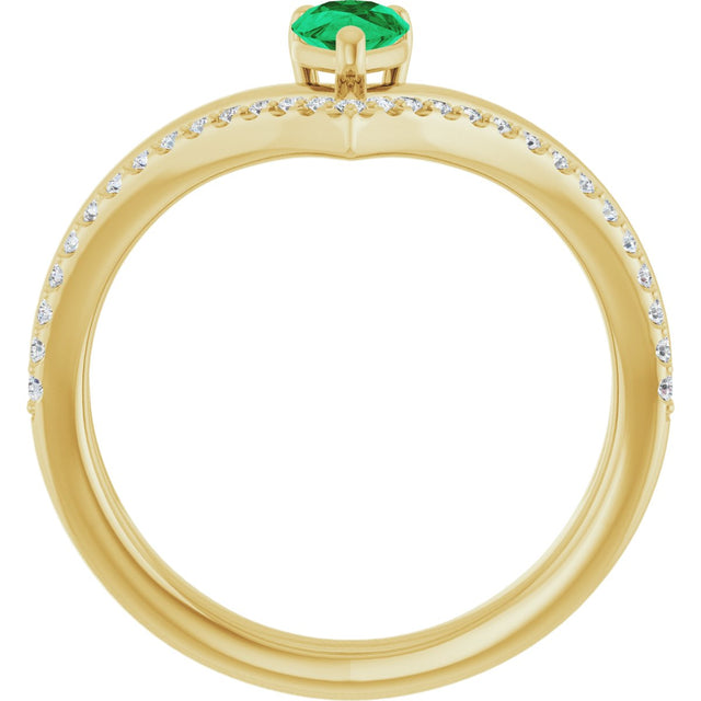 14K Gold Pear Lab-Grown Emerald & Natural Diamond Negative Space V Ring - Yellow Gold - view 2