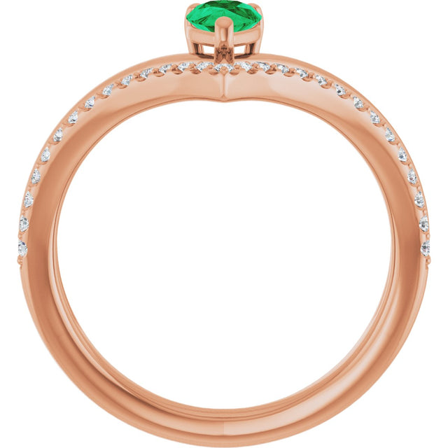 14K Gold Pear Lab-Grown Emerald & Natural Diamond Negative Space V Ring - Rose Gold - view 2