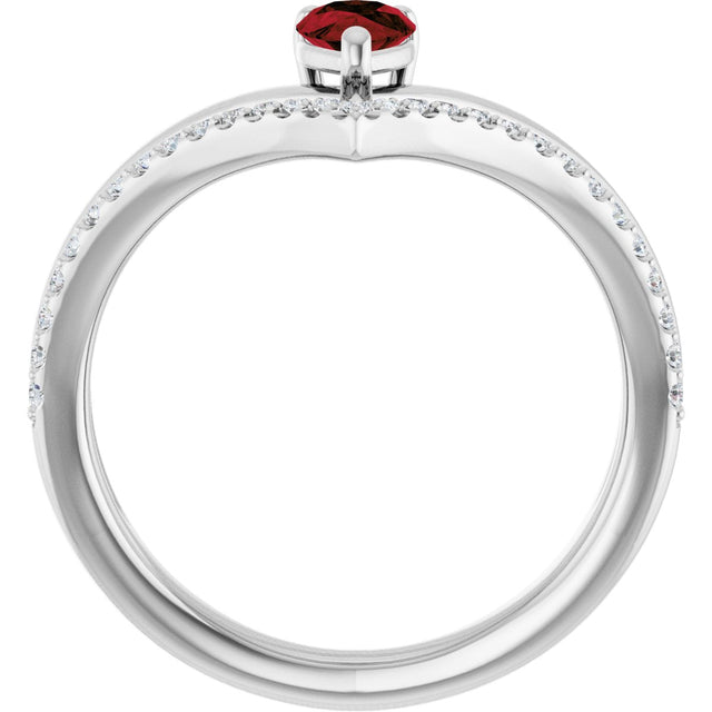 14K Gold Pear Natural Mozambique Garnet & Natural Diamond Negative Space V Ring - White Gold - view 2