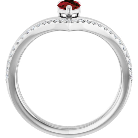 Platinum Pear Natural Mozambique Garnet & Natural Diamond Negative Space V Ring - view 2