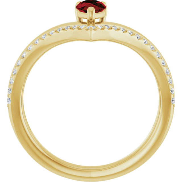14K Gold Pear Natural Mozambique Garnet & Natural Diamond Negative Space V Ring - Yellow Gold - view 2