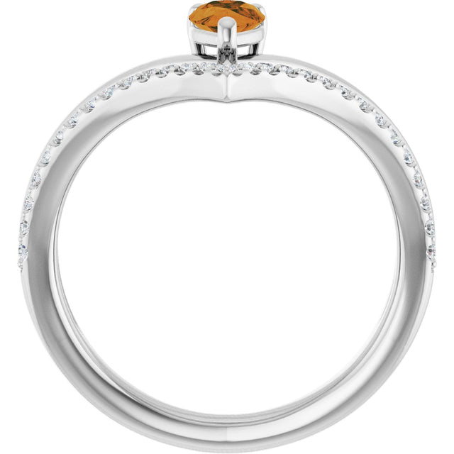 Platinum Pear Natural Citrine & Natural Diamond Negative Space V Ring - view 2
