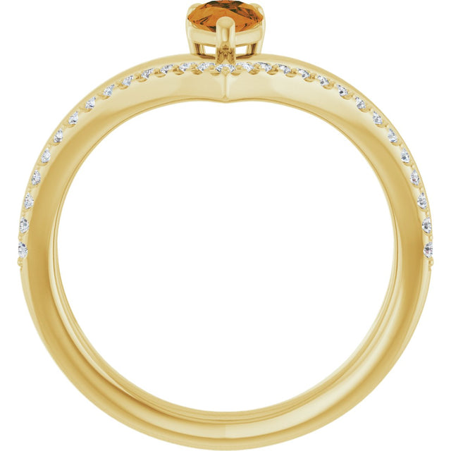 14K Gold Pear Natural Citrine & Natural Diamond Negative Space V Ring - Yellow Gold - view 2