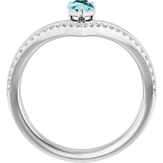 14K Gold Pear Natural Blue Zircon & Natural Diamond Negative Space V Ring - White Gold - view 2