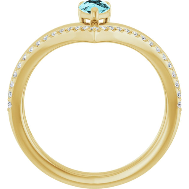 14K Gold Pear Natural Blue Zircon & Natural Diamond Negative Space V Ring - Yellow Gold - view 2
