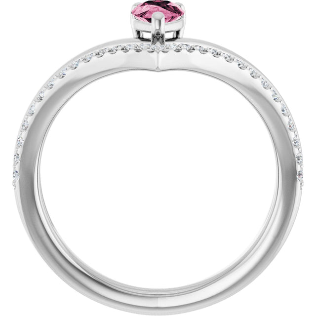 14K Gold Pear Natural Pink Tourmaline & Natural Diamond Negative Space V Ring - White Gold - view 2