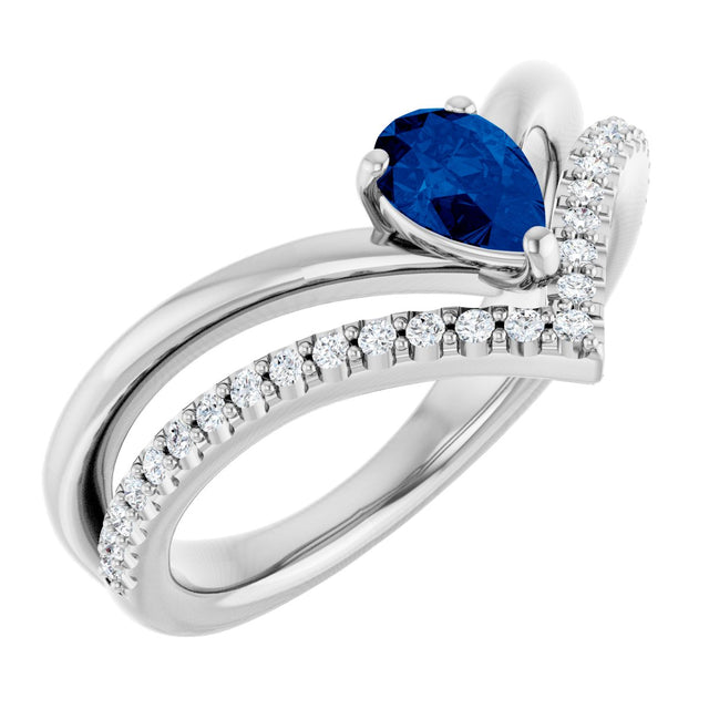 Platinum Pear Natural Blue Sapphire & Natural Diamond Negative Space V Ring