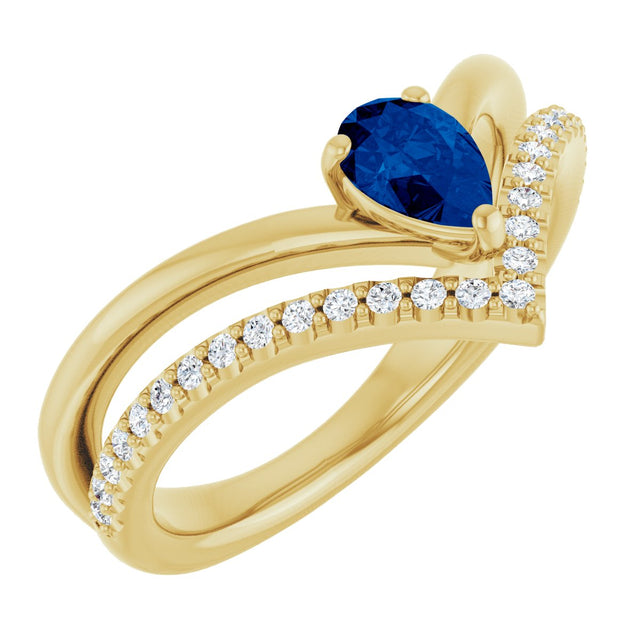 14K Gold Pear Natural Blue Sapphire & Natural Diamond Negative Space V Ring - Yellow Gold