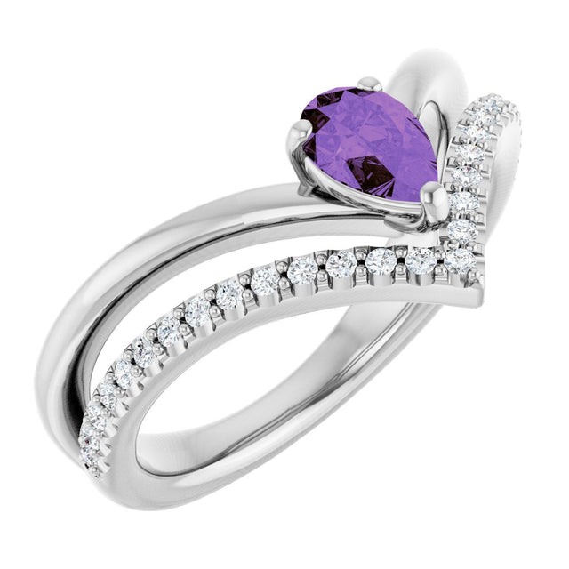 Platinum Pear Natural Amethyst & Natural Diamond Negative Space V Ring
