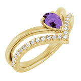 14K Gold Pear Natural Amethyst & Natural Diamond Negative Space V Ring - Yellow Gold