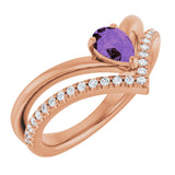 14K Gold Pear Natural Amethyst & Natural Diamond Negative Space V Ring - Rose Gold