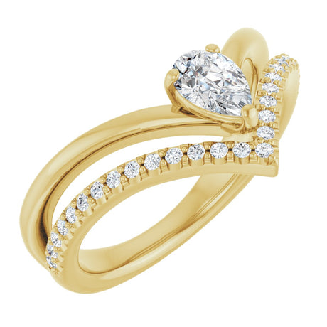 14K Gold Pear Natural White Sapphire & Natural Diamond Negative Space V Ring - Yellow Gold