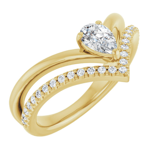 14K Gold Pear Natural White Sapphire & Natural Diamond Negative Space V Ring - Yellow Gold