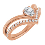 14K Gold Pear Natural White Sapphire & Natural Diamond Negative Space V Ring - Rose Gold