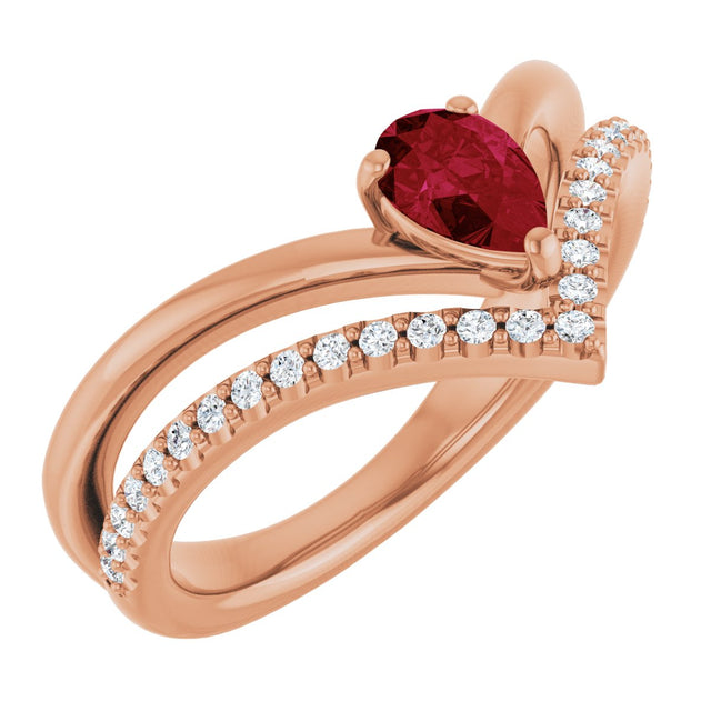 14K Gold Pear Lab-Grown Ruby & Natural Diamond Negative Space V Ring - Rose Gold