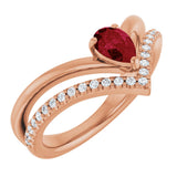 14K Gold Pear Natural Ruby & Natural Diamond Negative Space V Ring - Rose Gold