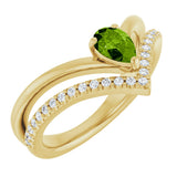 14K Gold Pear Natural Peridot & Natural Diamond Negative Space V Ring - Yellow Gold