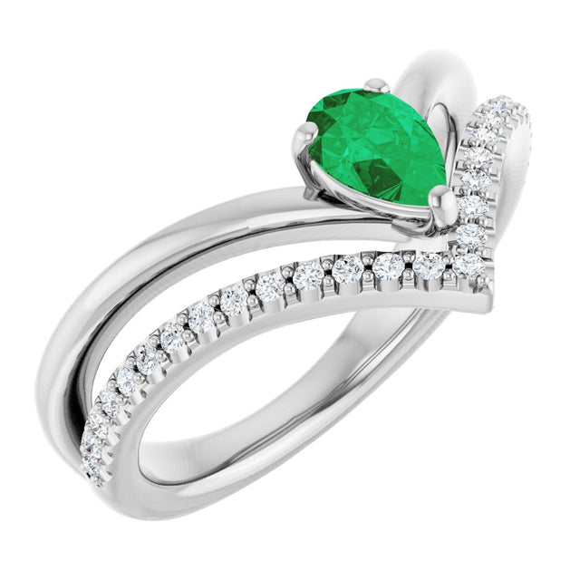 14K Gold Pear Natural Emerald & Natural Diamond Negative Space V Ring - White Gold