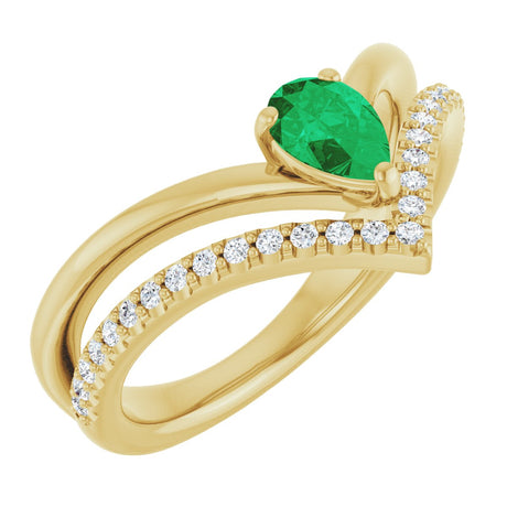 14K Gold Pear Lab-Grown Emerald & Natural Diamond Negative Space V Ring - Yellow Gold