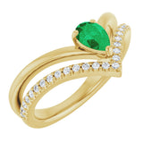 14K Gold Pear Natural Emerald & Natural Diamond Negative Space V Ring - Yellow Gold