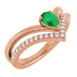 14K Gold Pear Natural Emerald & Natural Diamond Negative Space V Ring - Rose Gold