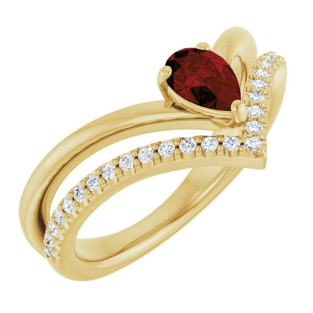 14K Gold Pear Natural Mozambique Garnet & Natural Diamond Negative Space V Ring - Yellow Gold