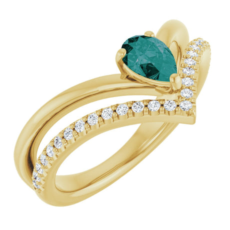 14K Gold Pear Lab-Grown Alexandrite & Natural Diamond Negative Space V Ring - Yellow Gold