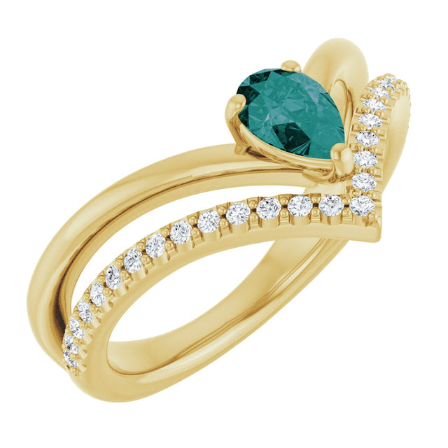 14K Gold Pear Lab-Grown Alexandrite & Natural Diamond Negative Space V Ring - Yellow Gold