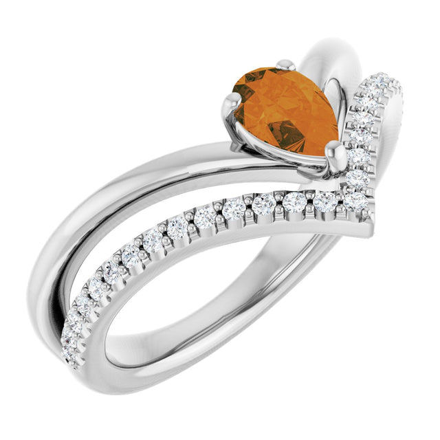 Platinum Pear Natural Citrine & Natural Diamond Negative Space V Ring